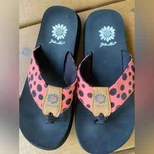 Yellow Box size 7, pink with black polka dot flip flops